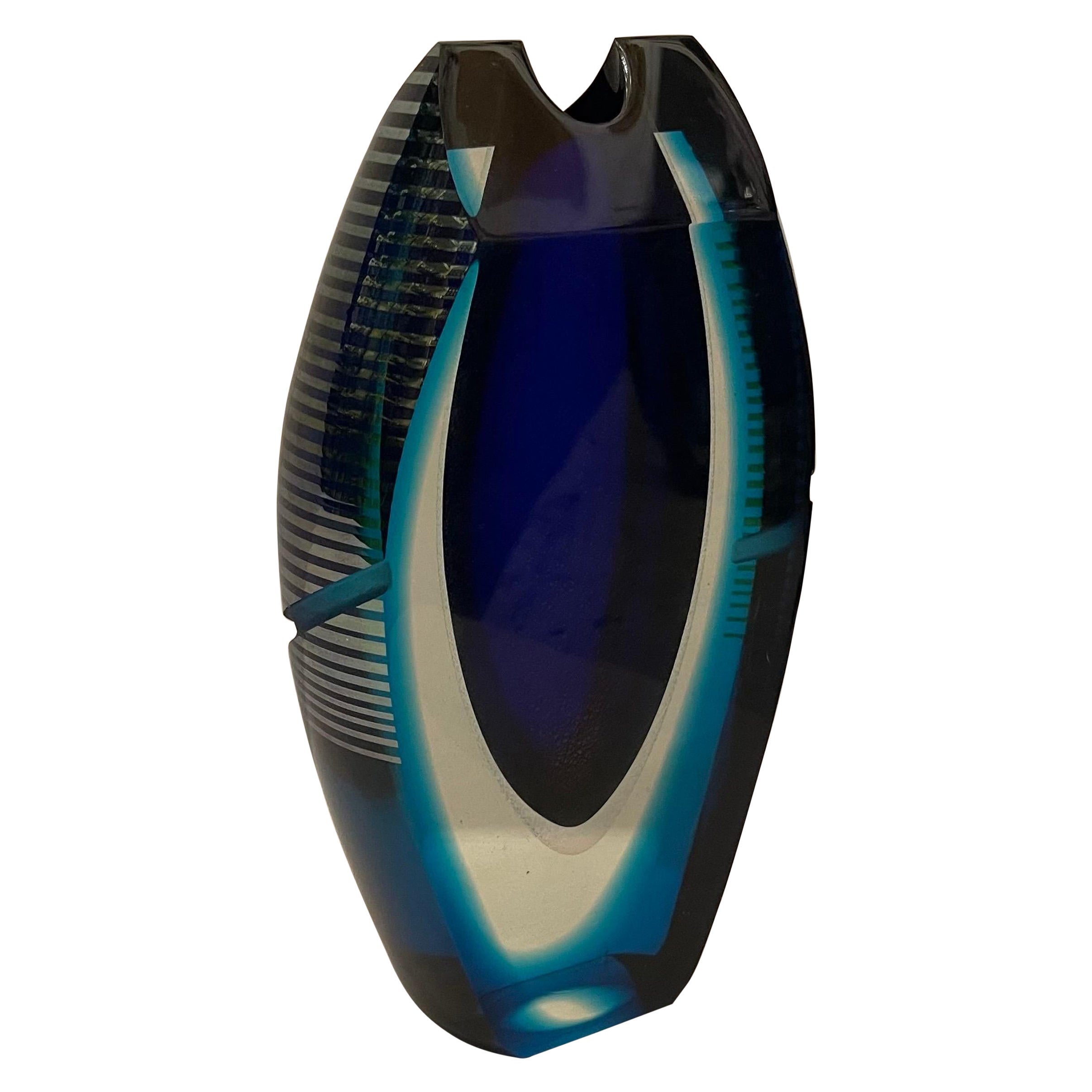 Wonderful Correia Art Glass Cobalt Blue Emerald Green Clear Etched Modern Vase