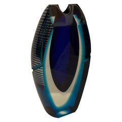 Wonderful Correia Art Glass Cobalt Blue Emerald Green Clear Etched Modern Vase