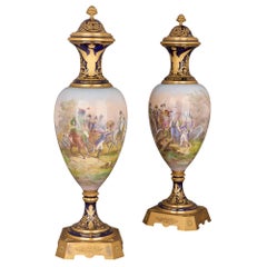 Large Pair of Sèvres-Style Napoleonic Vases with Ormolu Mounts