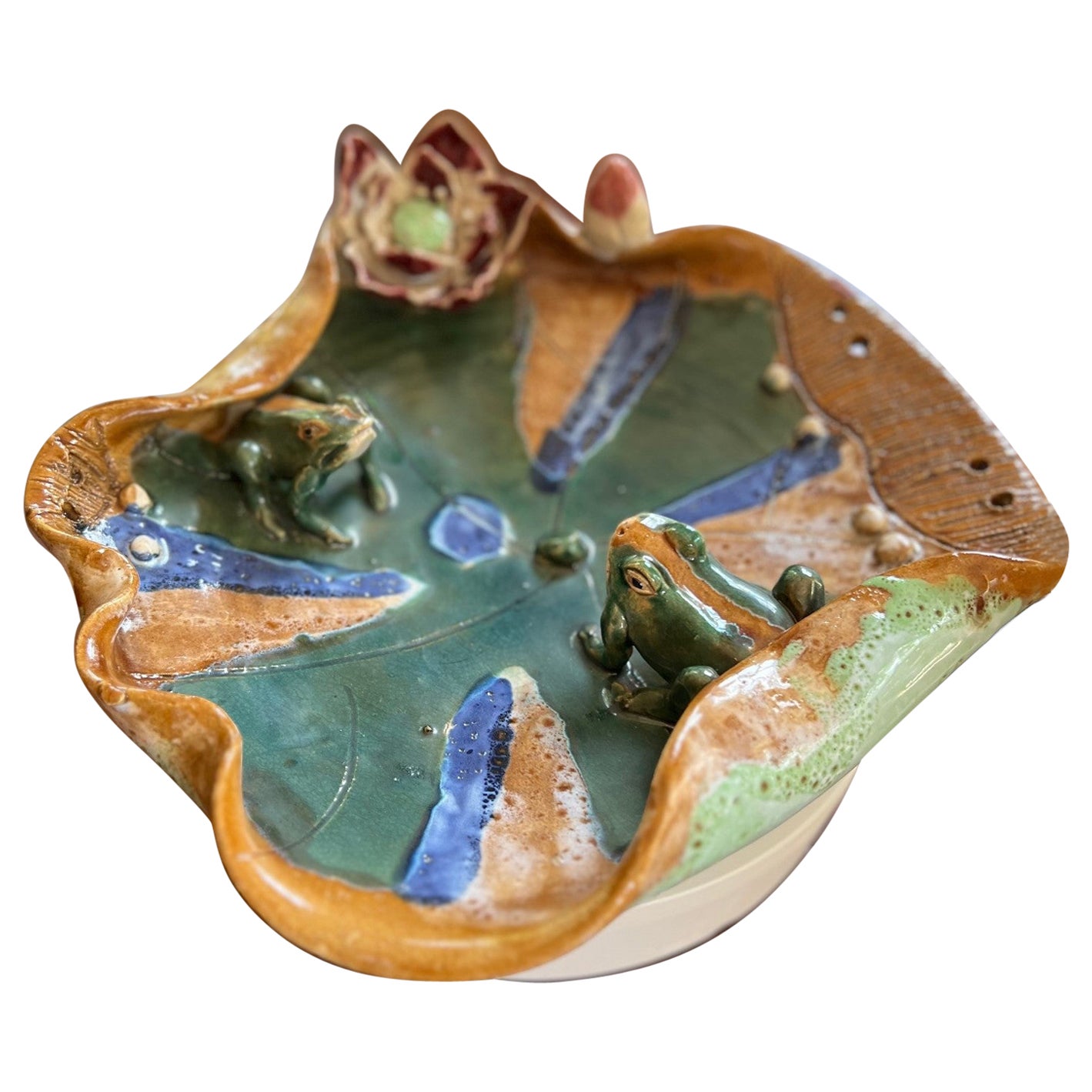 Late 20th C. Unusual Glazed Ceramic - Two Frogs on Large Stylized Lily  Pad For Sale