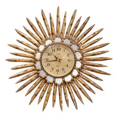 Mid-Century Spanish Carved Giltwood Sunburst Wall Clock with Mirrored Insets