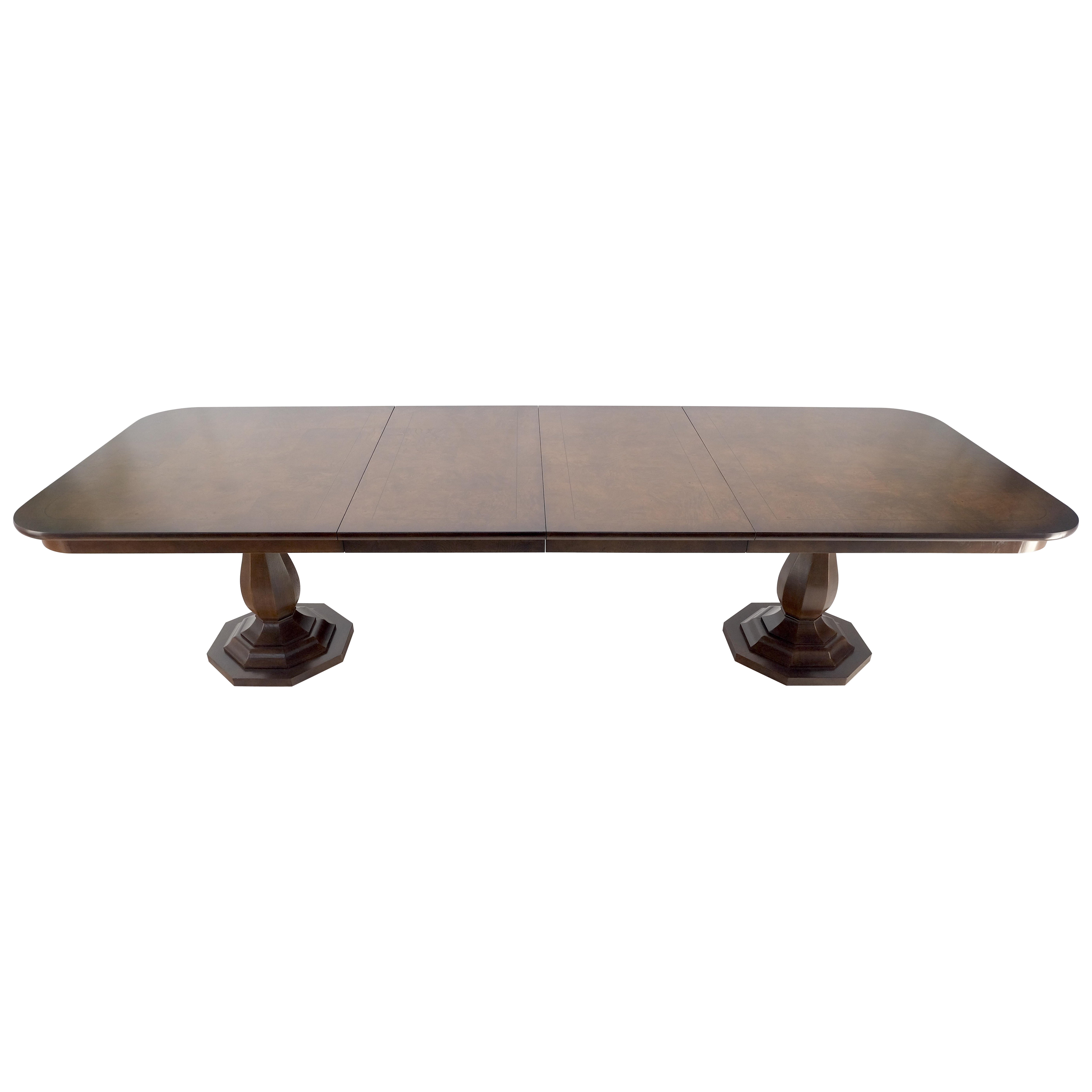 Henredon Double Pedestal Legs 76" Long Burl Wood Dining Table 2x22 Leafs MINT For Sale