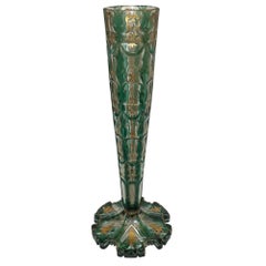 Wonderful Monumental Antique Bohemian Moser Gilt Emerald Green Art Glass Vase