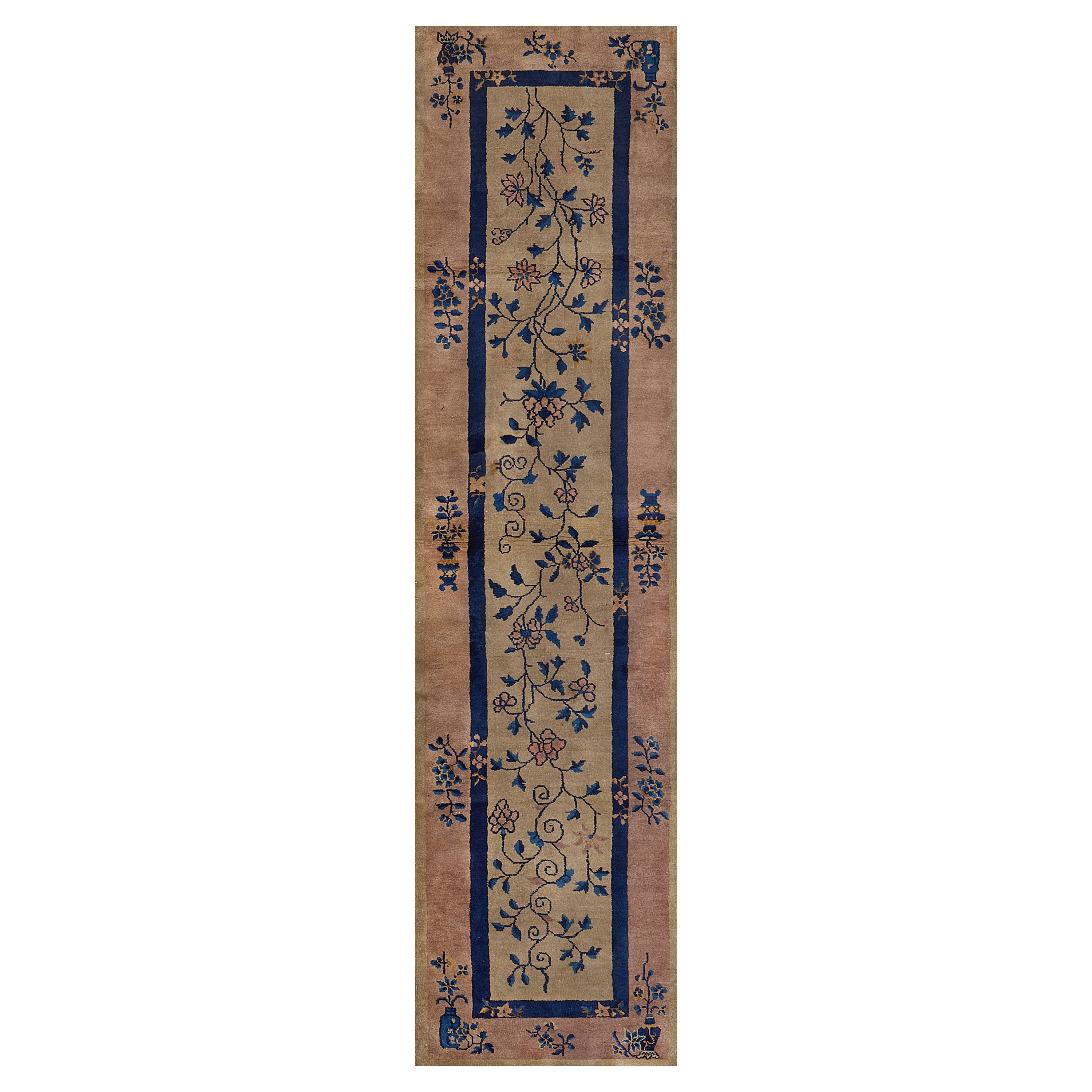 Antique Hand-Knotted Floral Wool Chinese Runner