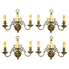 Set of 4 Antique Dutch Queen Anne Brass Sconces, Circa 1870's.