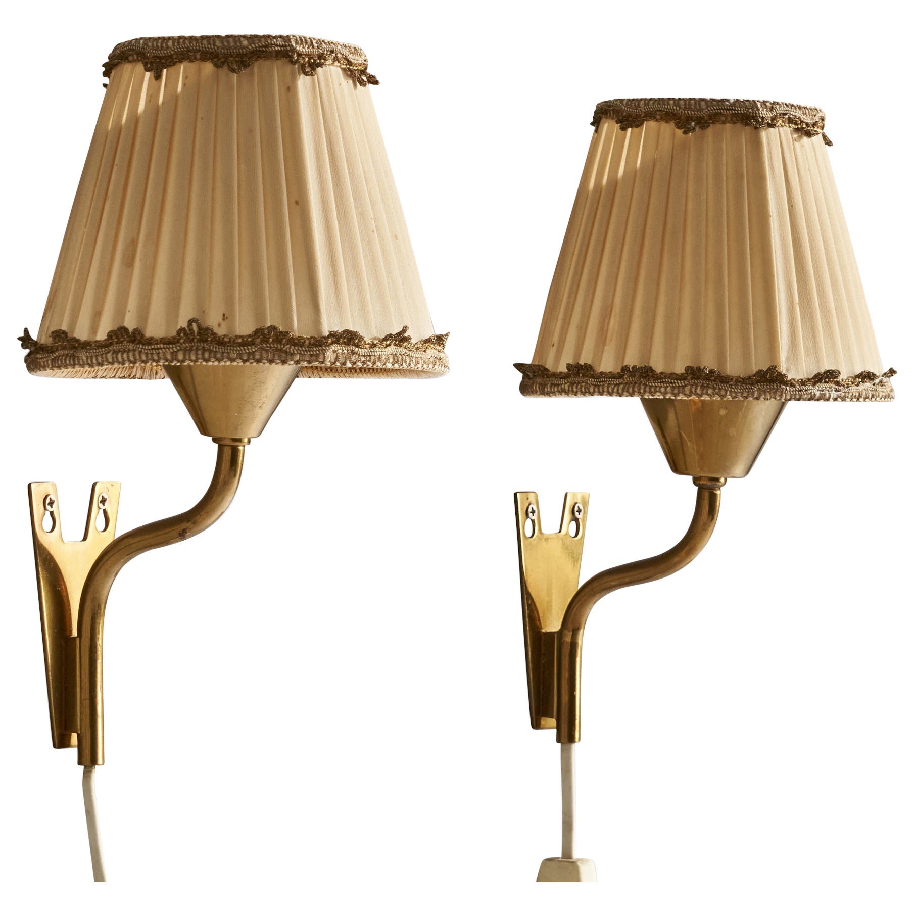 Swedish Designer, Wall Lights, Brass, Fabric, Sweden, 1940s