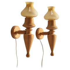 Swedish Designer, Wall Lights, Pine, Glass, Sweden, 1970s