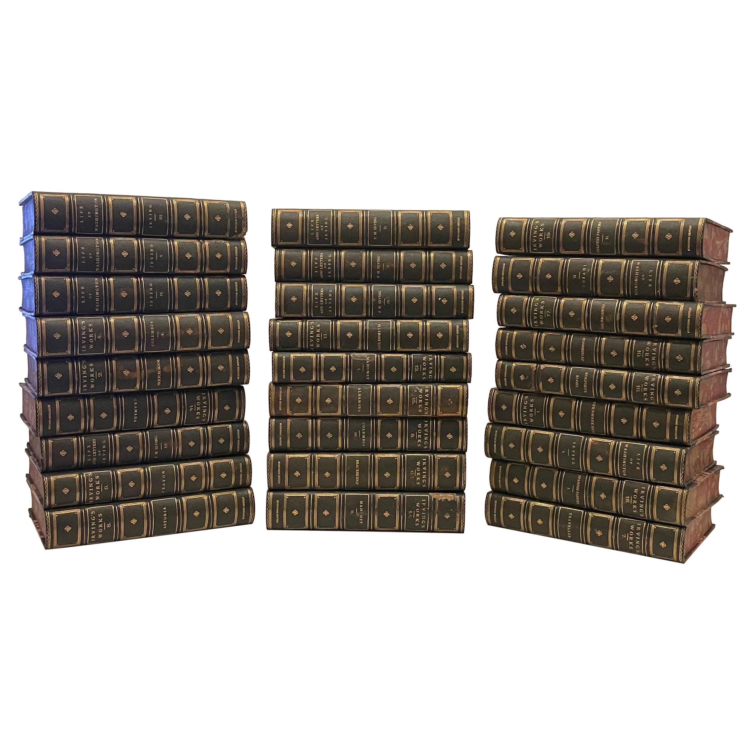 Wonderful Collection Irving's Works Green Leather Gold Gilt Bound 27 Books Stack
