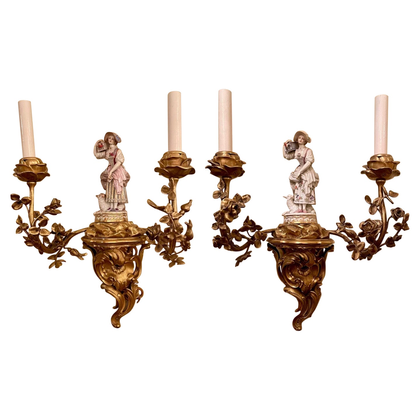 Pair Antique 19th Century Ormolu Sconces with Rare Meissen Porcelain Figurines For Sale