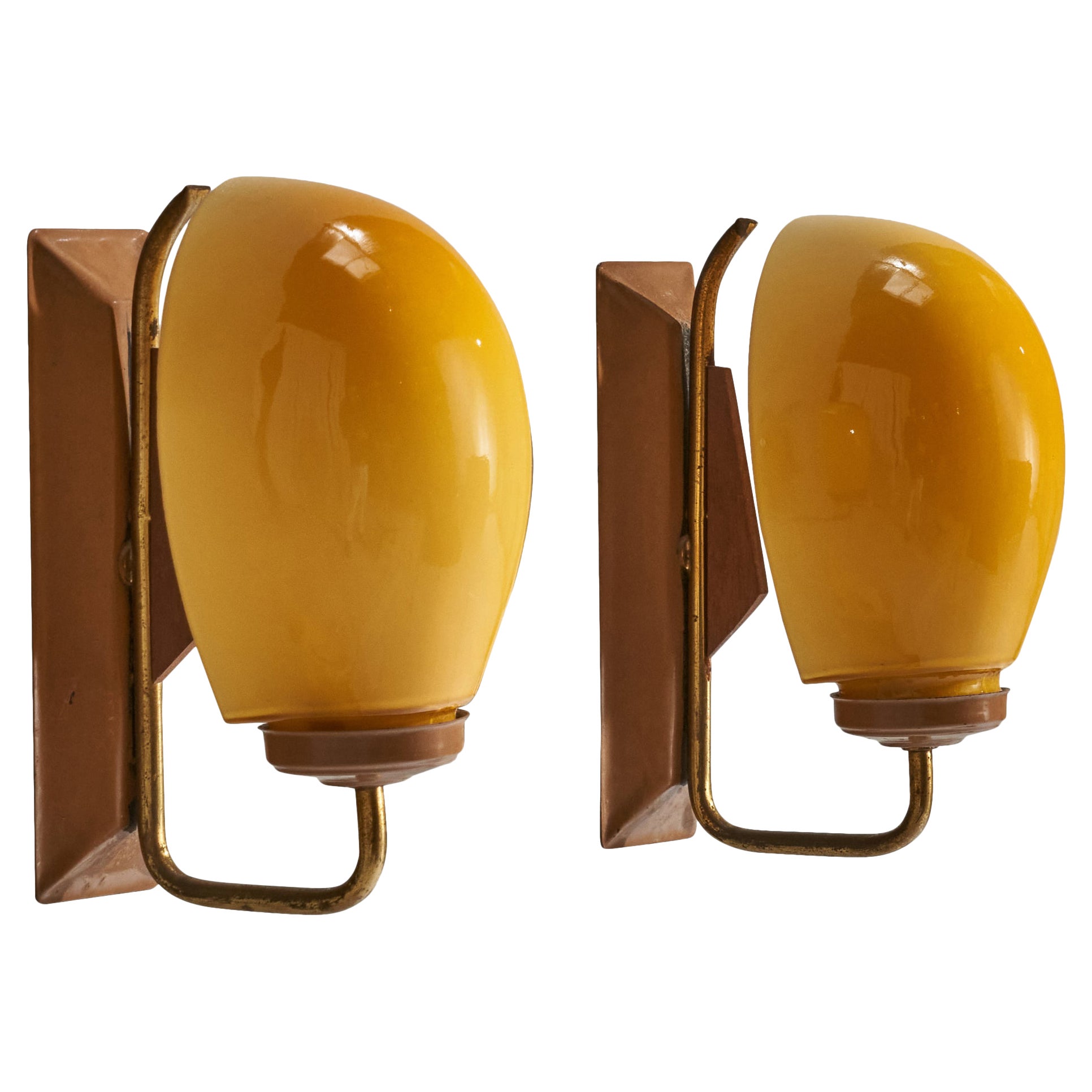 Italian Designer, Wall Lights, Brass, Glass, Metal, Teak, Italy, 1950s