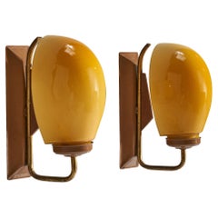 Italian Designer, Wall Lights, Brass, Glass, Metal, Teak, Italy, 1950s