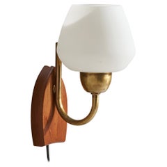 Swedish Designer, Wall Light, Brass, Teak, Glass, Sweden, 1950s