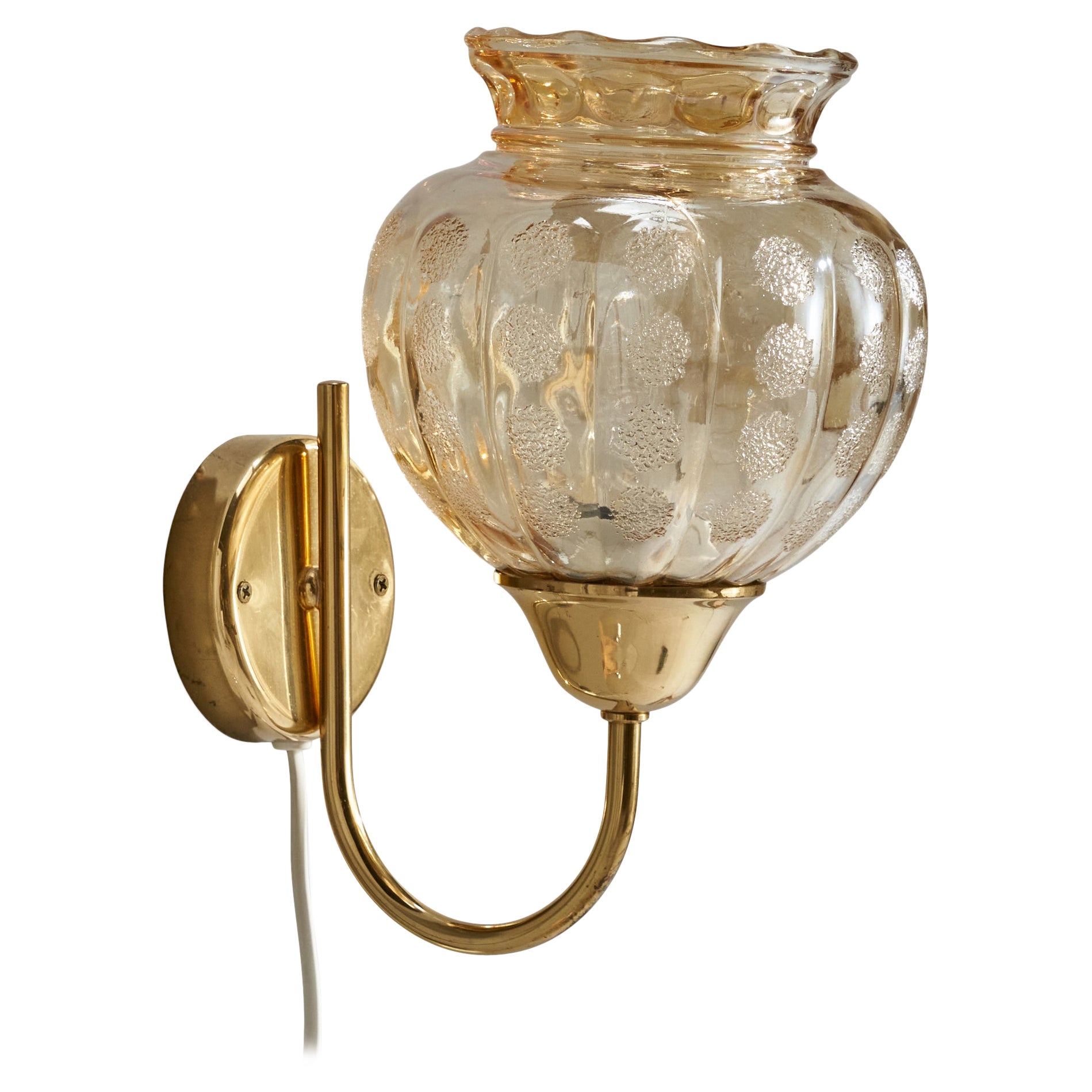 Swedish Designer, Wall Light, Brass, Glass, Sweden, 1960s