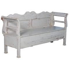 Antique Pine Storage Bench with Original Grey Paint, Hungary, circa 1860