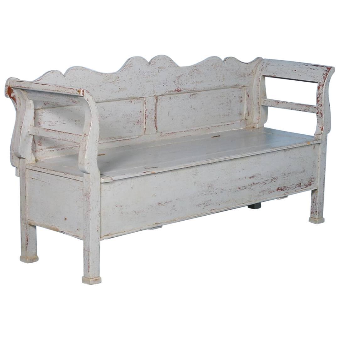 Antique Pine Storage Bench with Original Grey Paint, Hungary, circa