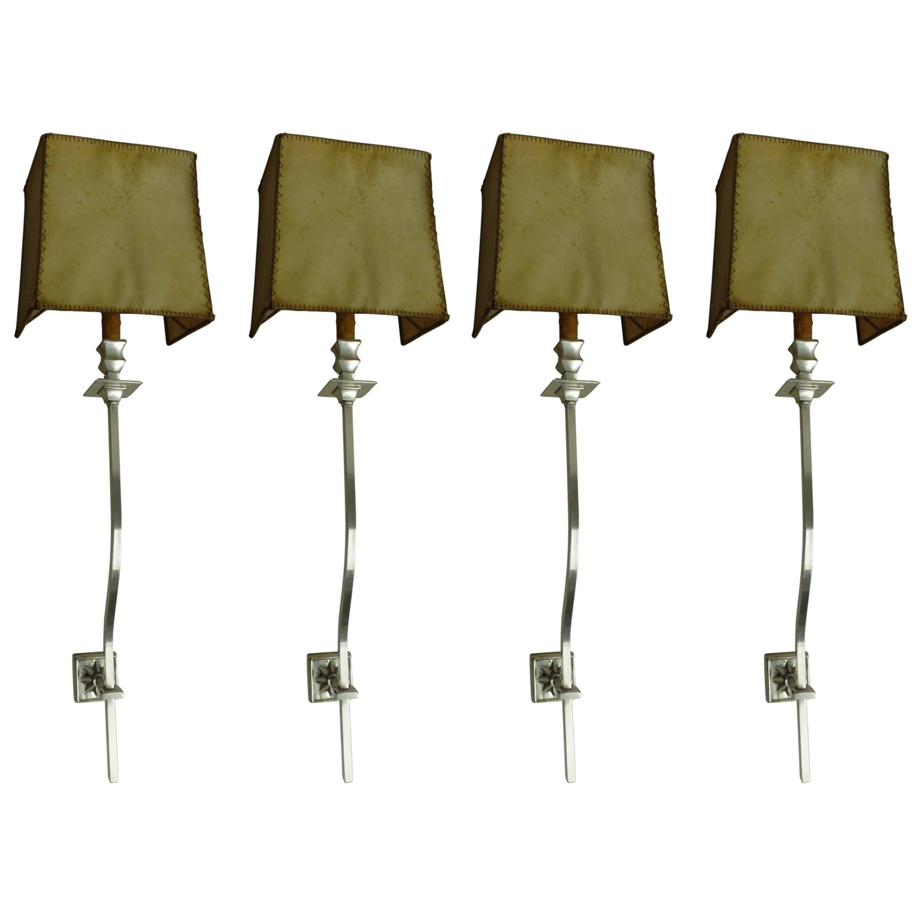 Four French 1930s Large Silver Plated Modern Neoclassical Sconces