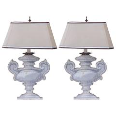 Antique Pair of Italian Painted Wood Urn Lamps with Custom Shades
