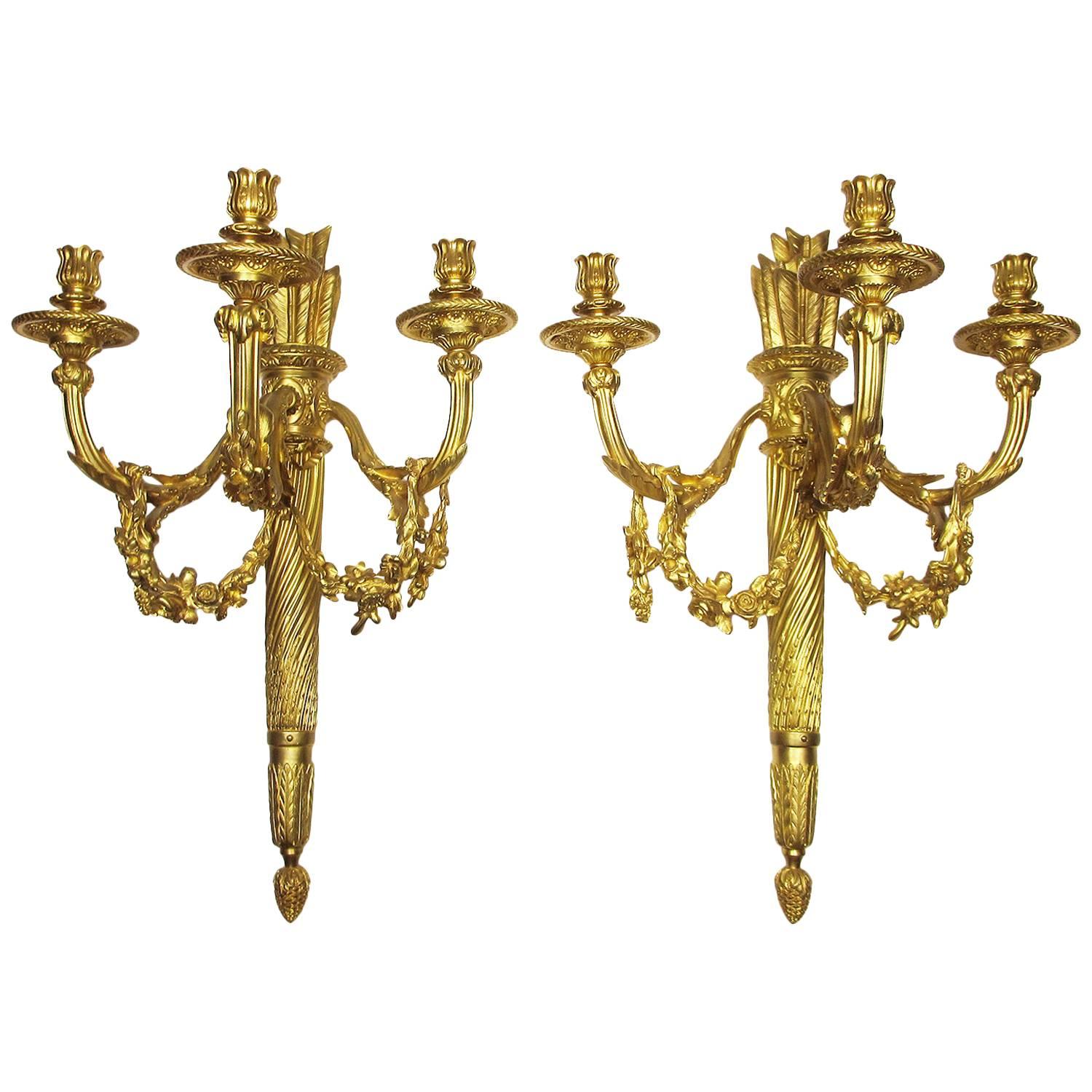 Pair of French 19th-20th Century Louis XVI Style Three-Light Wall Sconces