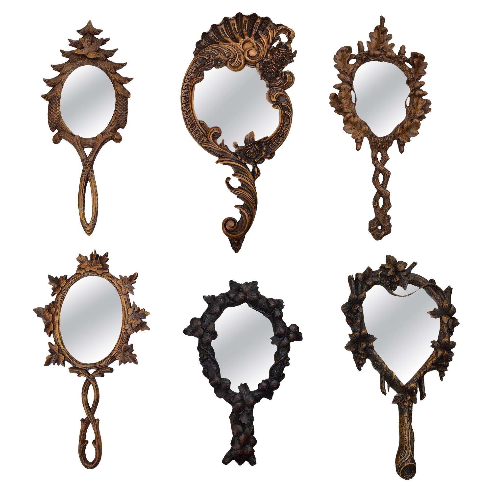 Collection of 6 Antique Hand-Carved Wood Vanity Mirrors Brienz Black Forest For Sale
