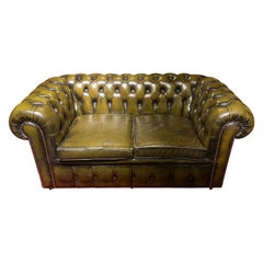 Original Vintage English Dark Green Chesterfield Leather Two Seat Sofa