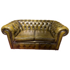 Original Vintage English Dark Green Chesterfield Leather Two-Seat Sofa