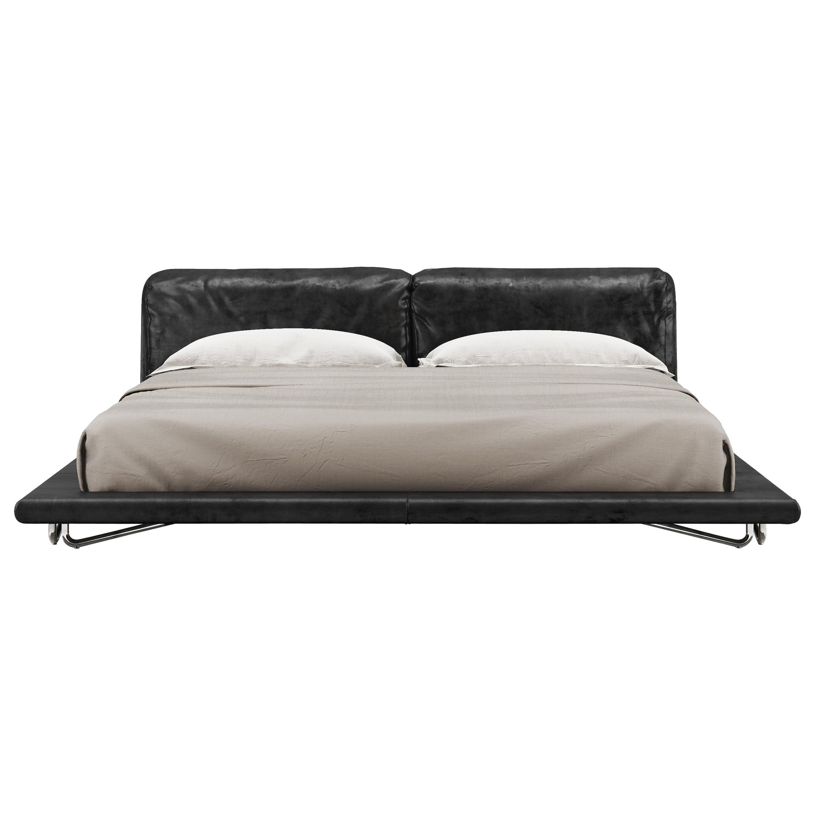 Bett Saint-Germain aus schwarzem zeitlosem Leder und rohem Silber im Angebot