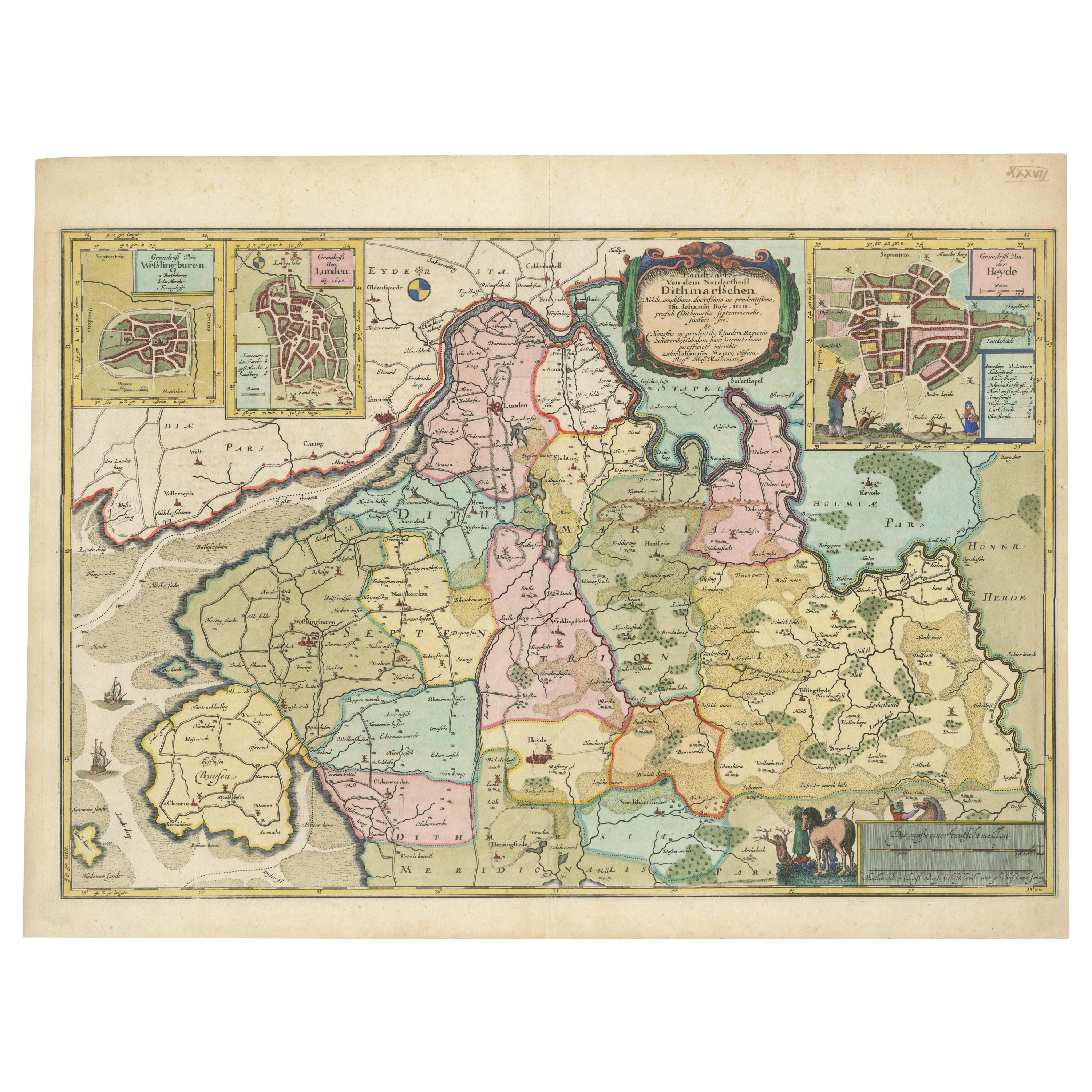 The 17th Century Map of Northern Dithmarschen and Its Towns in Germany