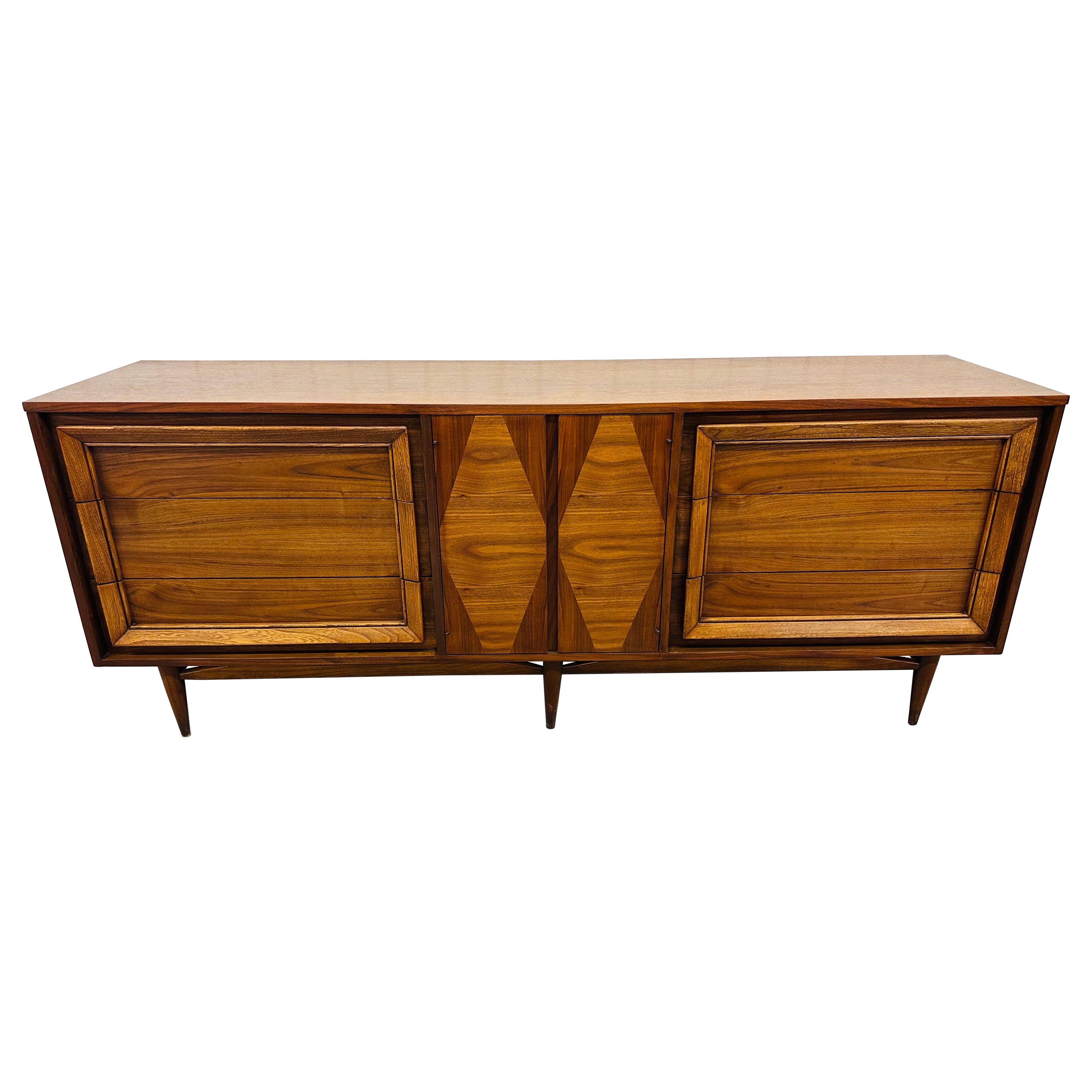 Vintage Mid Century Modern Walnut and Chrome 9 Drawer Credenza Dresser