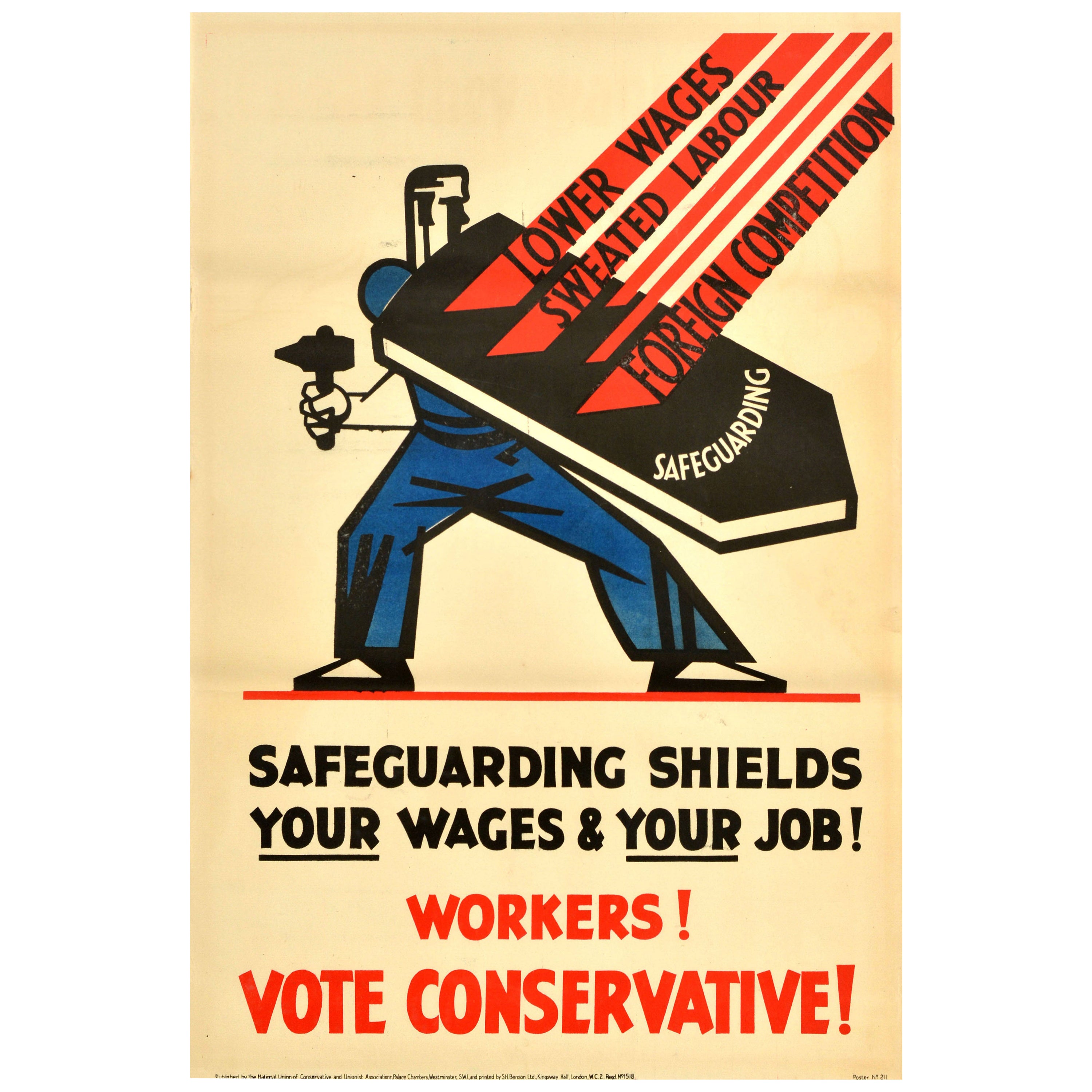 Cartel Vintage Original de Propaganda Política  Protección de los trabajadores Conservadora