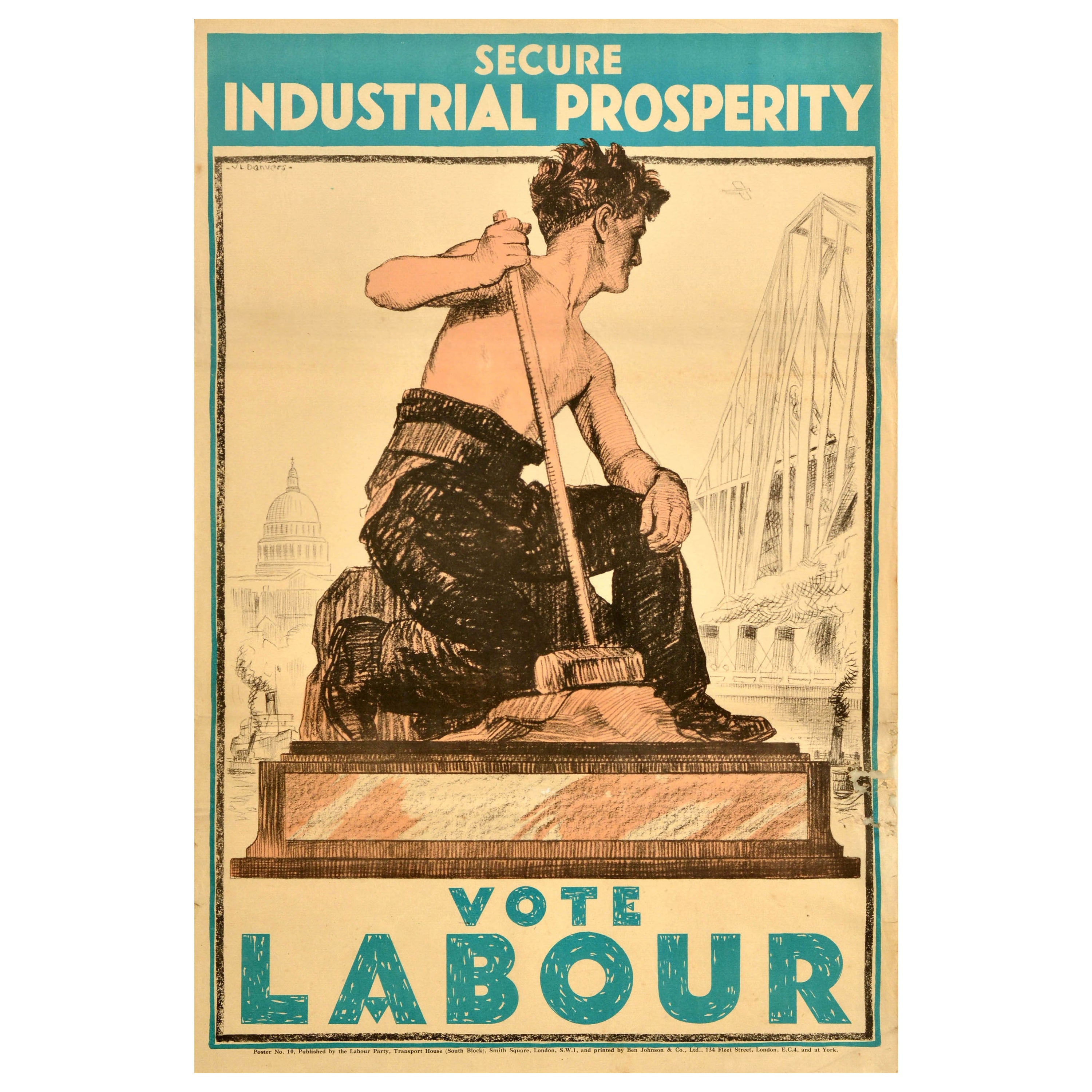 Original Vintage Cartel de Propaganda Política Prosperidad Industrial Vota Laborista