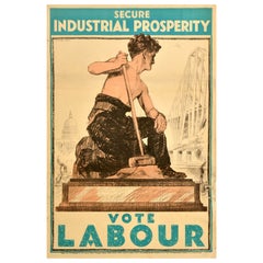 Original Vintage Cartel de Propaganda Política Prosperidad Industrial Vota Laborista