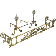 Vintage Brass Plated Hand-Wrought Iron Andirons and Fireplace Fender