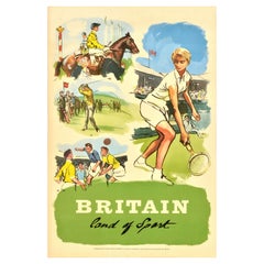 Poster sportivo originale d'epoca Gran Bretagna Terra di sport Tennis Corse di cavalli Golf