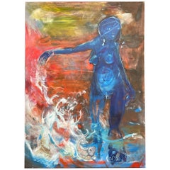 Large format figurative "La jeune femme et le poisson" by Francky Criquet