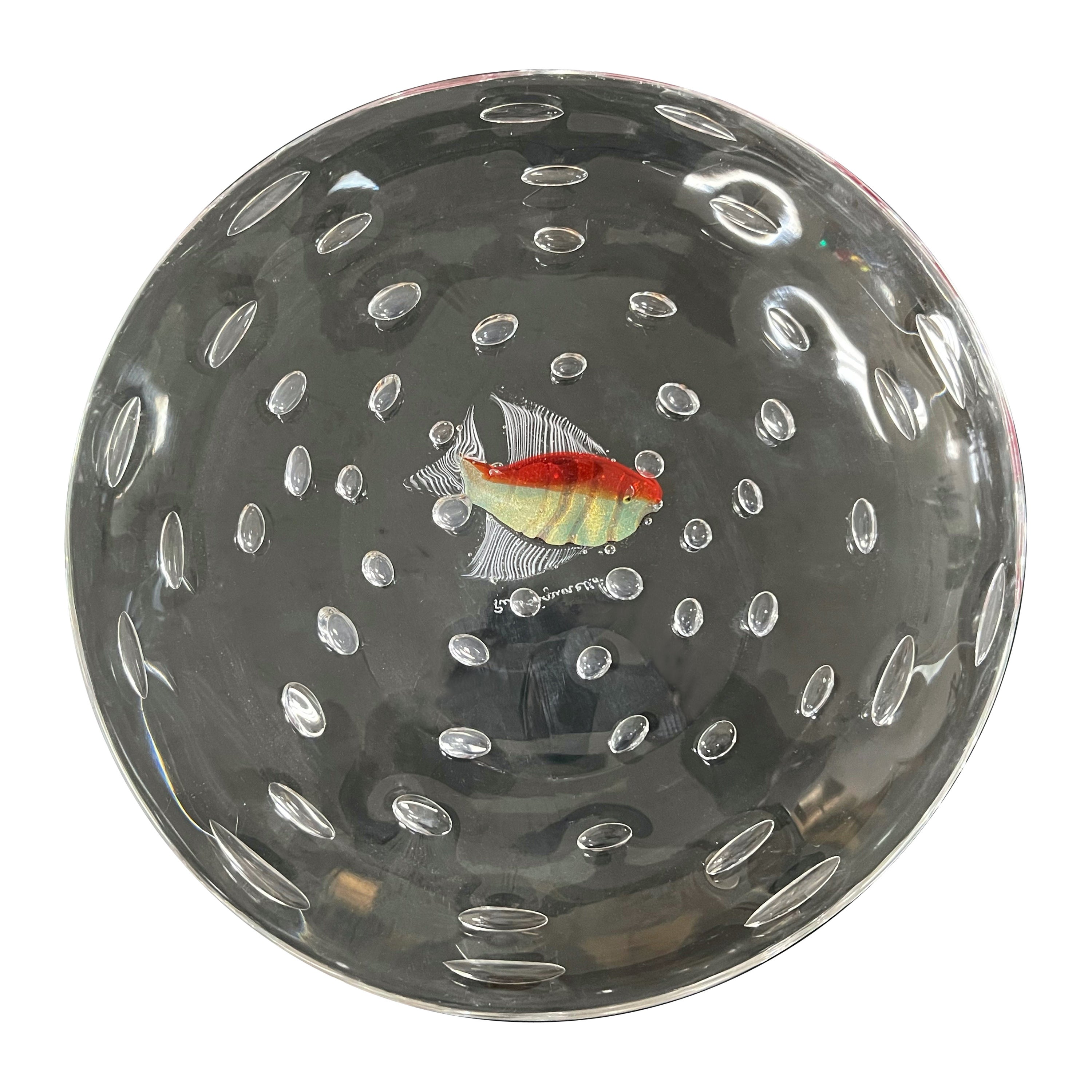 Pino Signoretto Murano Art Glass Aquarium Plaque Bowl with Fish and Bubbles