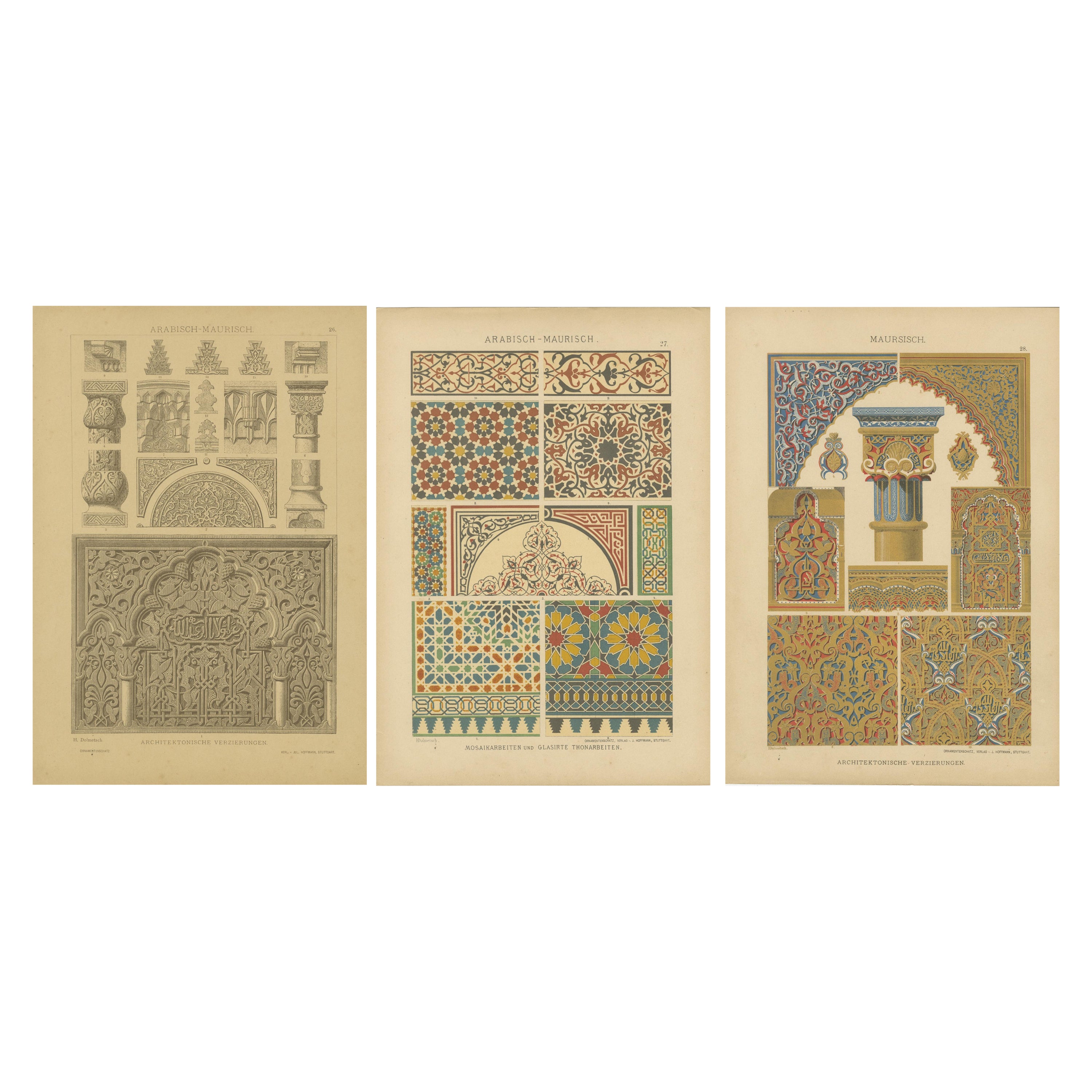 Ornamentación árabe-morisca en grabados de arte histórico de H. Dolmetsch, 1887 en venta