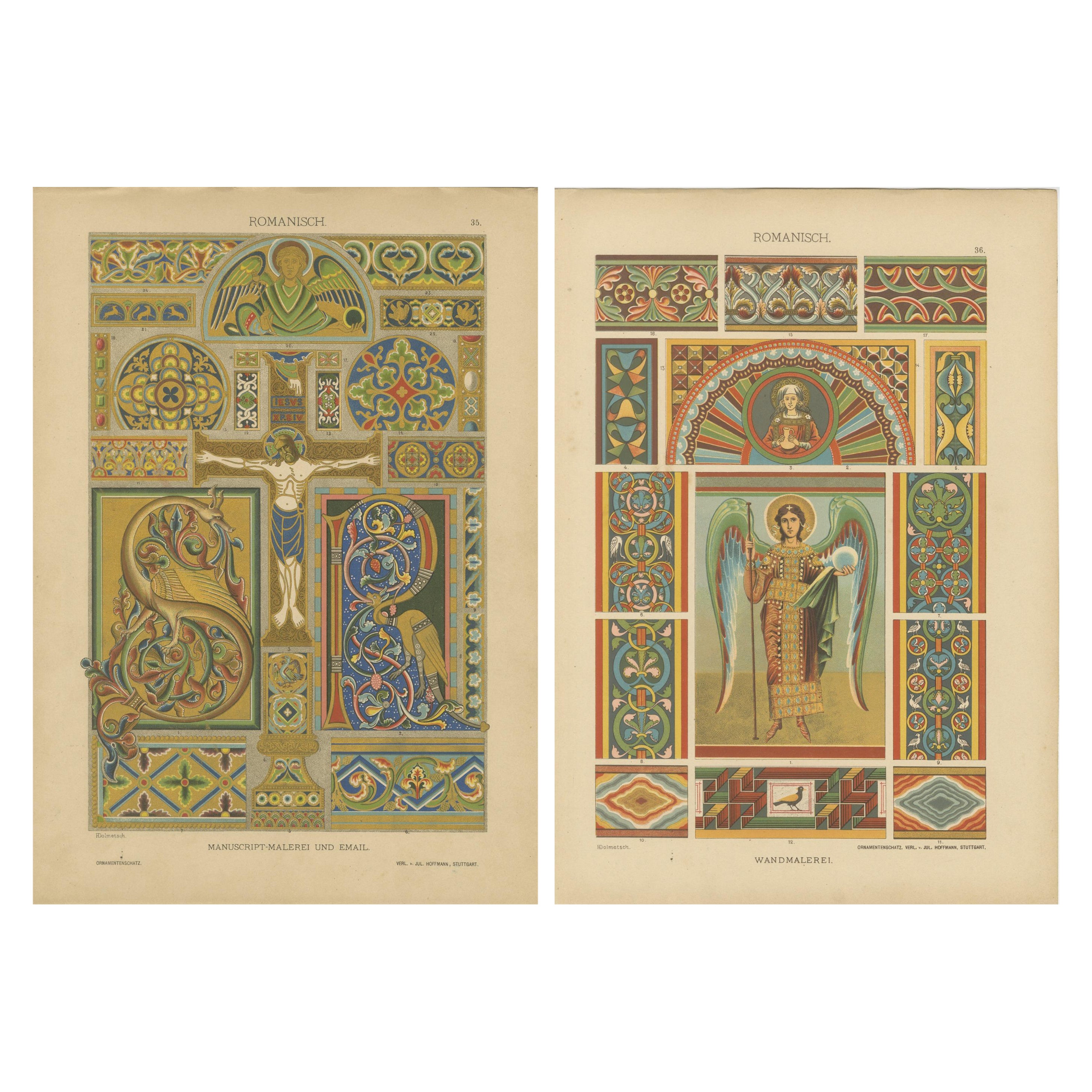 Manoscritto romanico e arte murale da Ornamentenschatz, 1887 in vendita