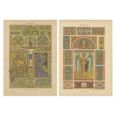 Antique Romanesque Manuscript and Mural Art from Ornamentenschatz, 1887