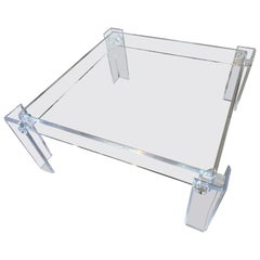 Vintage 1970s Square Lucite Peg Coffee Cocktail Table Inset Glass Top