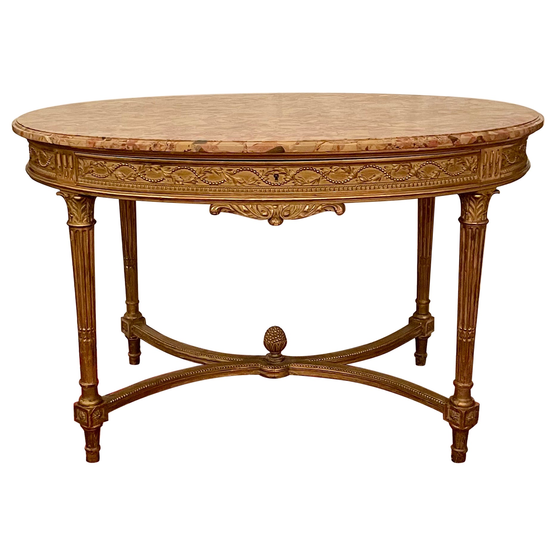 Antique French Luigi XVI Tavolo da centro in oro con piano in marmo, CIRCA 1880.
