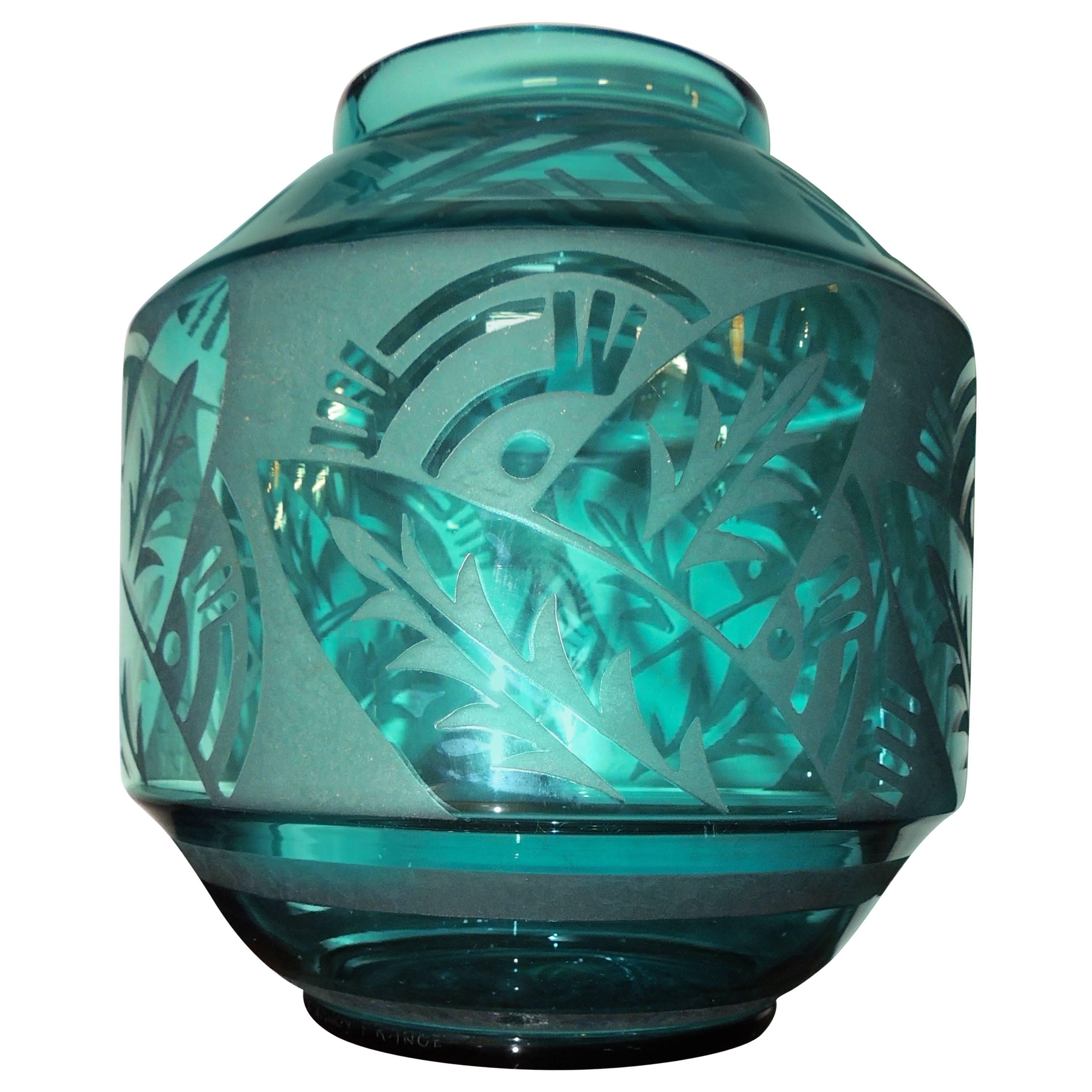 Art Deco Etched Turquoise Daum Nancy Glass