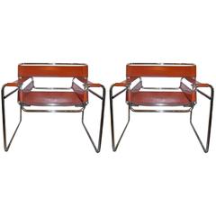 Marcel Breuer Pair of Vintage B3 Wassily Armchairs in Cognac Leather by Gavina