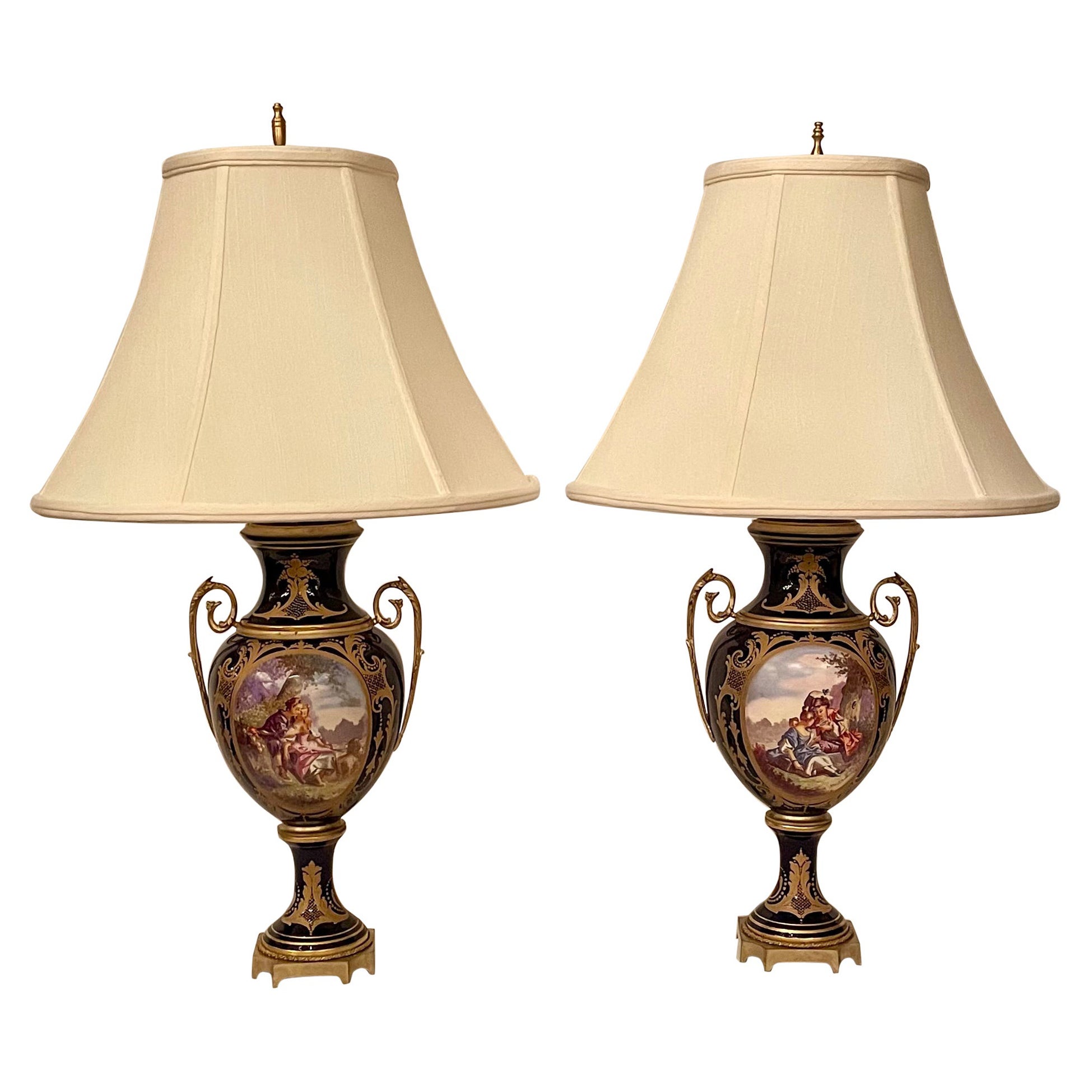 Pair Antique French Napoleon III Sèvres Porcelain & Gold Bronze Lamps Circa 1890