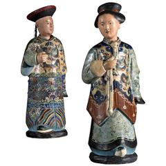 Rare Pair of Early 19th Century Chinese Painted Clay Nodding Figures