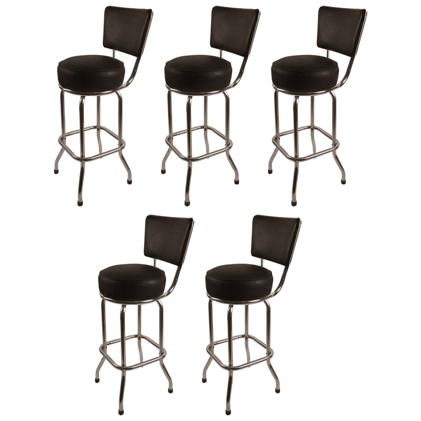 Set of Five Tubular Chrome Swivel High Back Stools