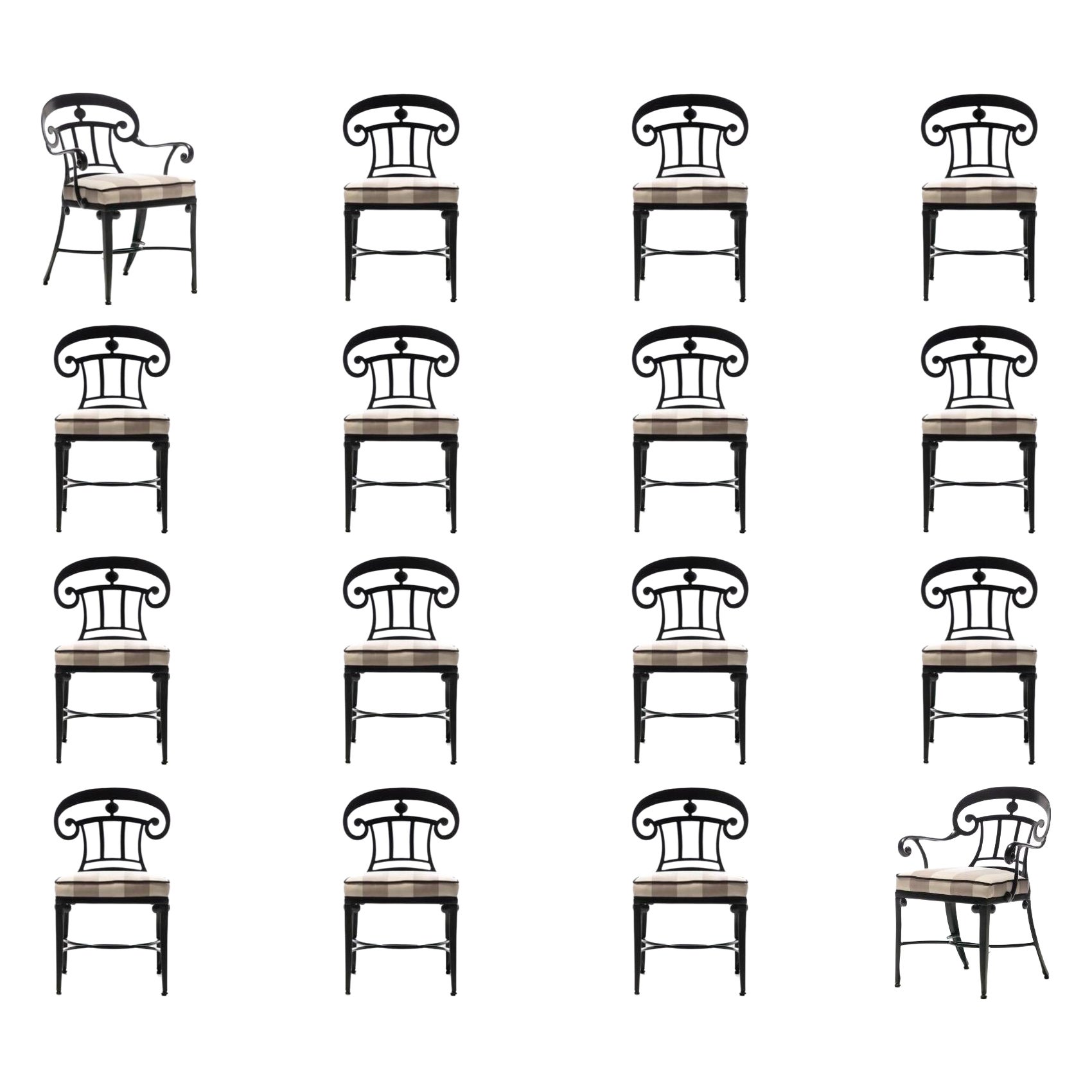 Hollywood Regency Style Set of 16 Indoor Outdoor Black Dining Chairs For Sale