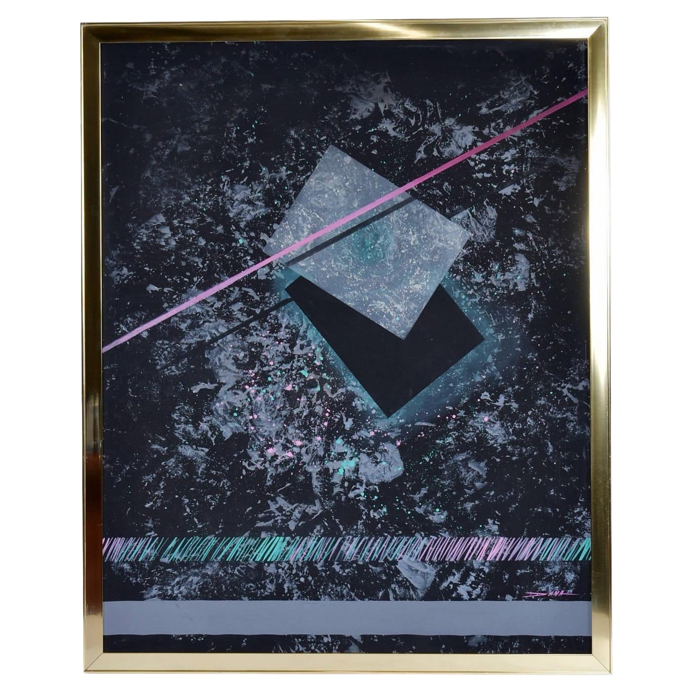 Dana 1980s Large Black Pink and Blue Geometric Memphis Style Painting