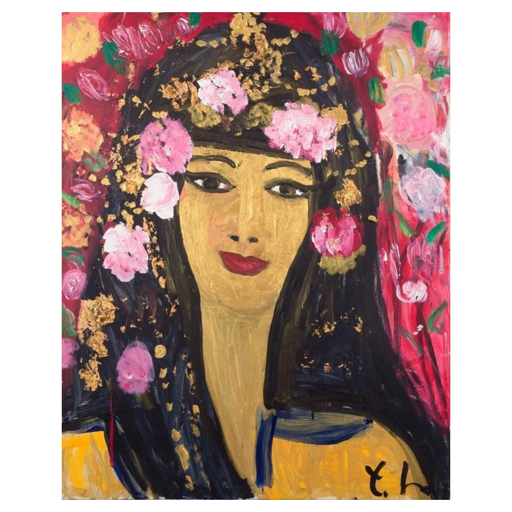 Yrsa Isabel Lind, artista danese. Acrilico su tela. Giovane donna con fiori.