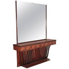 Mid-Century Italian Rosewood Glass Large Console Table with Drawers and Mirror