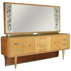 Mid-Century Italian Sideboard with Decorated Mirror Teak, Carved Maple, Glass  